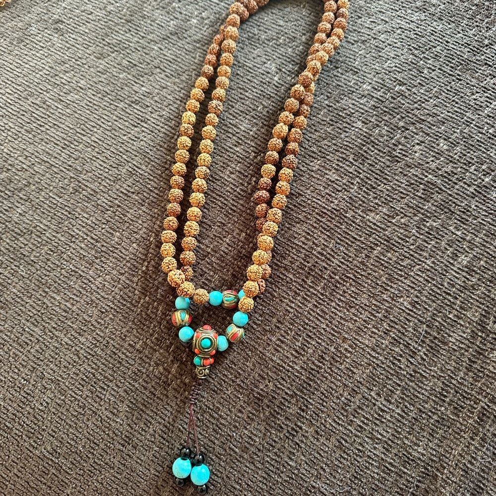 Indian Turquoise and Brown Beaded Mala Necklace - Spiritual Women Jewelry